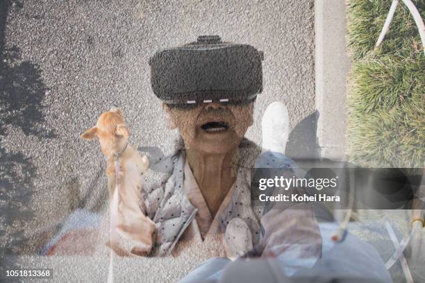 senior woman in the hospital wearing a virtual reality headset - augmented reality animal stock-fotos und bilder