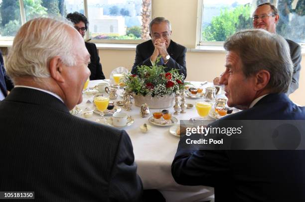 Palestinian Prime Minister Salem Fayyad with Bernard Kouchner , French Minister of Foreign and European Affairs, and Spanish Foreign Minister Miguel...