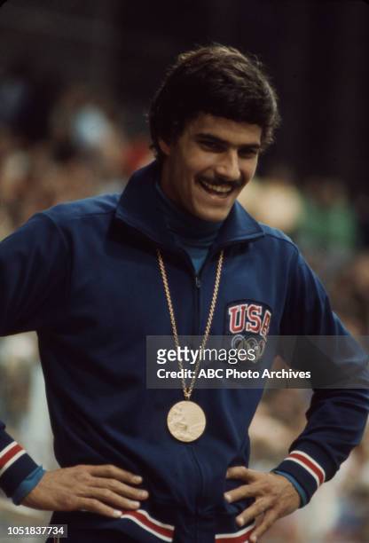 Munich, West Germany Mark Spitz wearing gold medal at the 1972 Summer Olympics / the Games of the XX Olympiad, Schwimmhalle.