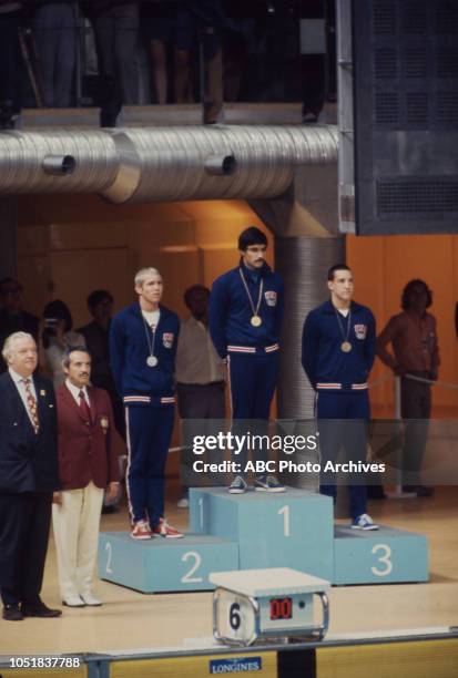 Munich, West Germany - 28th August 1972: Gary Hall Sr, Mark Spitz, Robin Backhaus in medal ceremony for Men's 200 metre butterfly tournament at the...