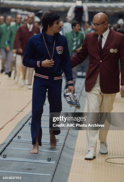 Munich, West Germany Mark Spitz wearing gold medal at the 1972 Summer Olympics / the Games of the XX Olympiad, Schwimmhalle.