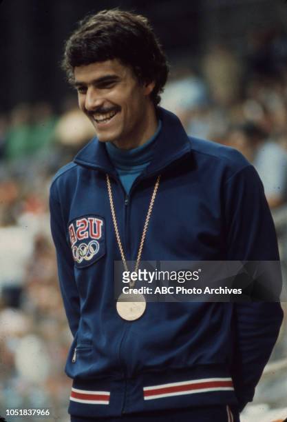 Mark Spitz wearing gold medal at the 1972 Summer Olympics / the Games of the XX Olympiad, Schwimmhalle.