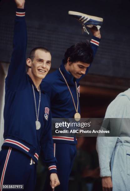 Munich, West Germany Steve Genter, Mark Spitz in medal ceremony for Men's 200 metre freestyle tournament at the 1972 Summer Olympics / the Games of...