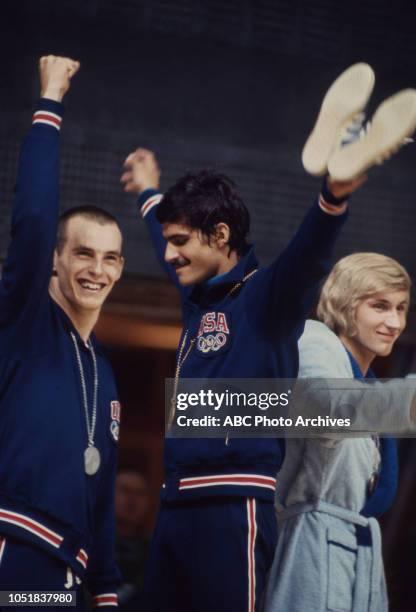 Munich, West Germany - August 29 1972: Steve Genter, Mark Spitz, Werner Lampe in medal ceremony for Men's 200 metre freestyle tournament at the 1972...