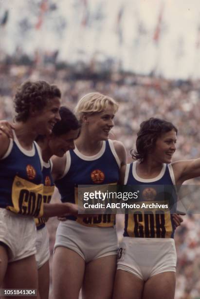 Munich, West Germany Dagmar Kasling, Rita Kuhne, Helga Seidler, Monika Zehrt competing in the Women's 4 × 400 metres relay event at the 1972 Summer...