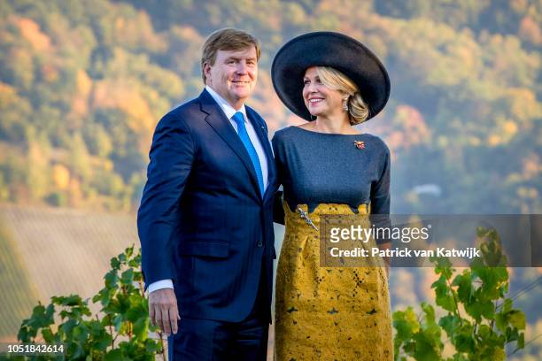 King Willem-Alexander of the Netherlands and Queen Maxima of The Netherlands visit a vineyard on October 10, 2018 in Bernkastel-Kues, Germany.