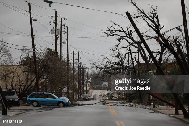 Downed powerlines are seen after hurricane Michael passed through the downtown area on October 10, 2018 in Panama City, Florida. The hurricane hit...