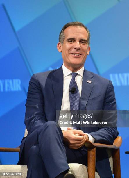 Mayor of Los Angeles, Eric Garcetti speaks onstage at Day 2 of the Vanity Fair New Establishment Summit 2018 at The Wallis Annenberg Center for the...