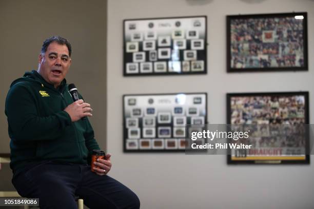 Kangaroos coach Mal Meninga speaks during the Coaches Breakfast at the Mangere East Rugby League Club on October 11, 2018 in Auckland, New Zealand.