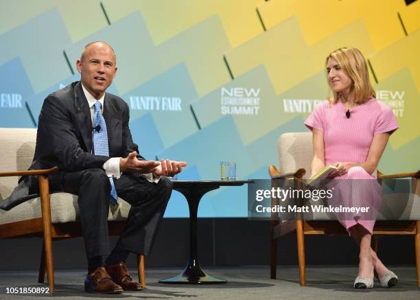 Co-founder of Eagan Avenatti, LLP, Michael Avenatti and Senior Reporter at Vanity Fair, Emily Jane Fox speak onstage at Day 2 of the Vanity Fair New...