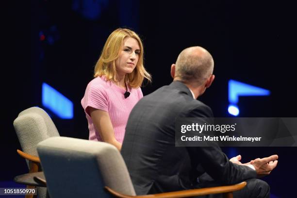 Senior Reporter at Vanity Fair, Emily Jane Fox and Co-founder of Eagan Avenatti, LLP, Michael Avenatti speak onstage at Day 2 of the Vanity Fair New...