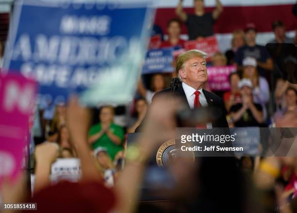 President Donald Trump speaks to supporters at a rally at the Erie Insurance Arena on October 10, 2018 in Erie, Pennsylvania. This was the second...