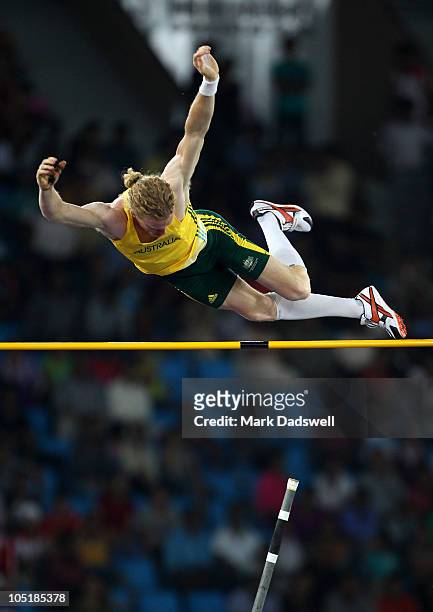 Steve Hooker of Australia competes in the men's pole vault final at Jawaharlal Nehru Stadium during day eight of the Delhi 2010 Commonwealth Games on...