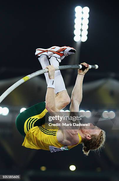 Steve Hooker of Australia competes in the men's pole vault final at Jawaharlal Nehru Stadium during day eight of the Delhi 2010 Commonwealth Games on...