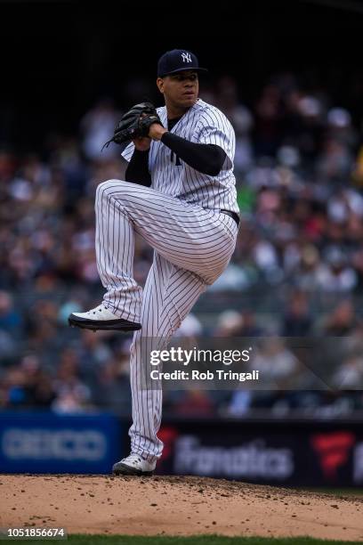 Dellin Betances of the New York Yankees pitches during the game against the Cleveland Indians at Yankee Stadium on Sunday May 6, 2018 in the Bronx...