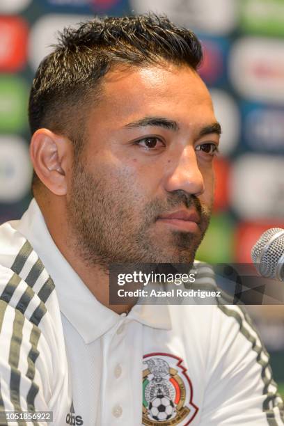 Marco Fabian of Mexico speaks during a press conference ahead Mexico's National Team match against Costa Rica at Hotel Milenium on October 10, 2018...