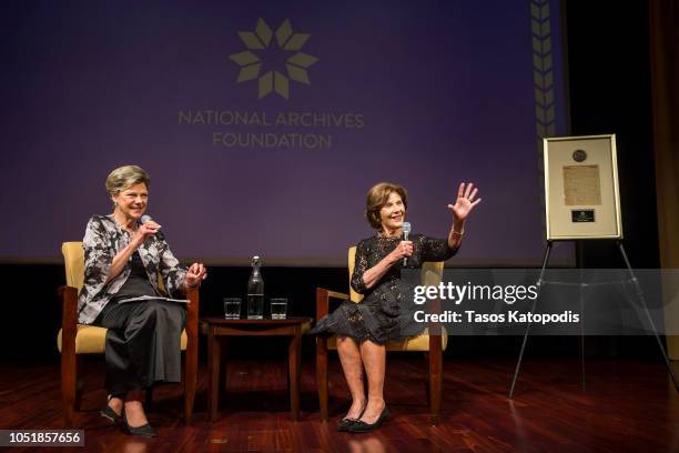 National Archives Foundation Vice Chair of Board Cokie Roberts and Former First Lady Laura Bush onstage at the National Archives Foundation Annual...