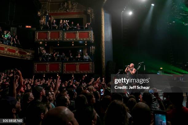 David Draiman of Disturbed performs at SiriusXM Presents Disturbed Live From The Vic Theatre In Chicago on October 10, 2018 in Chicago, Illinois.