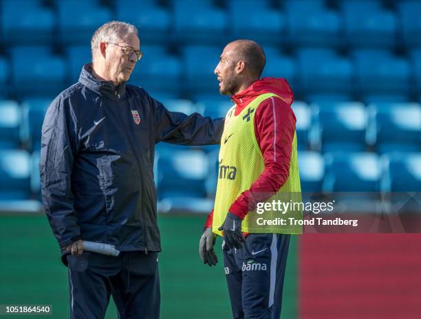 Head Coach Lars Lagerback and Haitam Aleesami of Norway during training before the UEFA Nations League C group three match between Norway and...