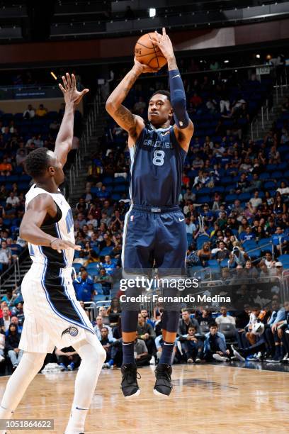 MarShon Brooks of the Memphis Grizzlies shoots the ball against the Orlando Magic during a pre-season game on October 10, 2018 at Amway Center in...