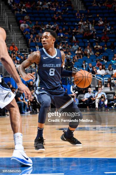 MarShon Brooks of the Memphis Grizzlies handles the ball against the Orlando Magicduring a pre-season game on October 10, 2018 at Amway Center in...