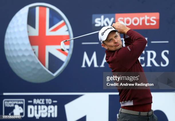 Justin Rose of England tees off on the 10th hole during Day One of Sky Sports British Masters at Walton Heath Golf Club on October 11, 2018 in...