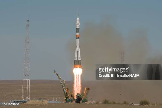The Soyuz rocket is launched with Expedition 57 Flight Engineer Nick Hague of NASA and Flight Engineer Alexey Ovchinin of Roscosmos on October 11,...