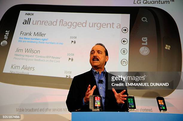 Mobility and Consumer Markets President and CEO Ralph de la Vega speaks to unveil devices running Windows Phone 7 , a new mobile phone operating...