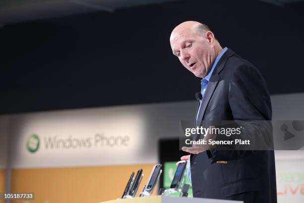 Microsoft CEO Steve Ballmer introduces the new Windows Phone 7 mobile operating system on October 11, 2010 in New York, New York. The phone, which...