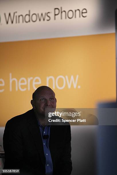 Microsoft CEO Steve Ballmer introduces the new Windows Phone 7 mobile operating system on October 11, 2010 in New York, New York. The phone, which...