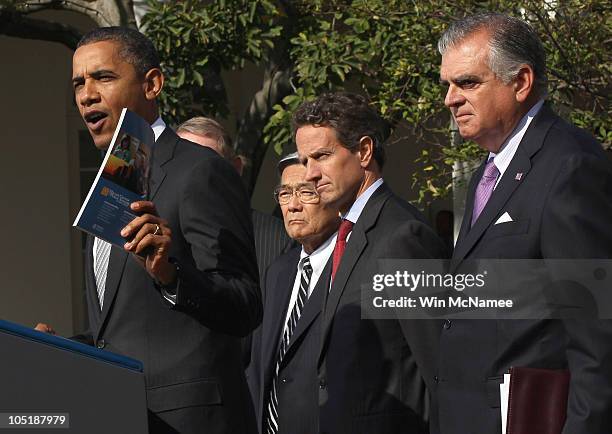 President Barack Obama makes a statement in the Rose Garden of the White House regarding support for infrastructure development October 11, 2010 in...