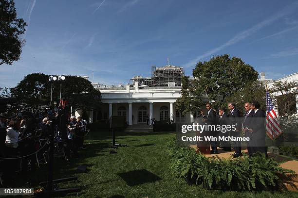 President Barack Obama makes a statement in the Rose Garden of the White House regarding support for infrastructure development October 11, 2010 in...