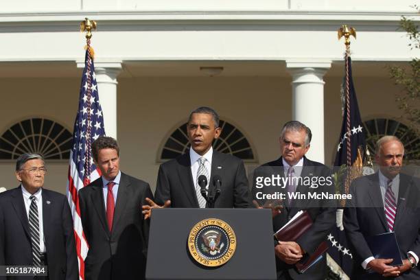 President Barack Obama makes a statement in the Rose Garden of the White House regarding support for infrastructure development October 11, 2010 in...