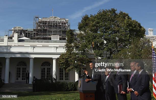 President Barack Obama makes a statement in the Rose Garden of the White House regarding support for infrastructure development October 11, 2010 in...