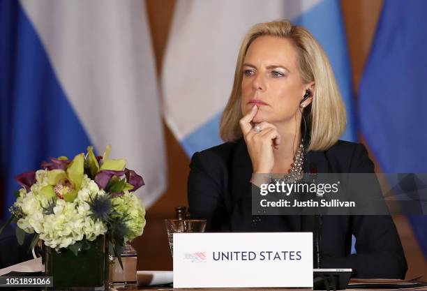 Homeland Security Secretary Kirstjen Nielsen looks on during the Conference for Prosperity and Security in Central America on October 11, 2018 in...