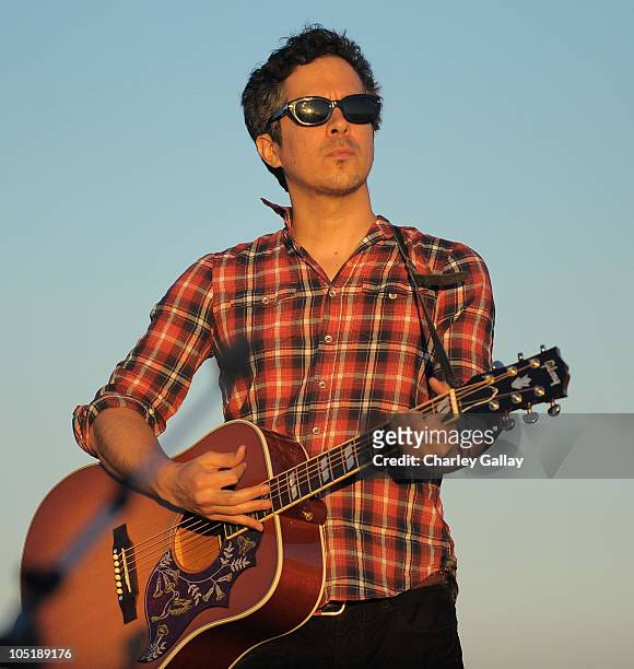 Musician M. Ward performs at the 10 Years of Toyota Prius Anniversary Celebration at Wright Organic Resource Center on October 10, 2010 in Malibu,...