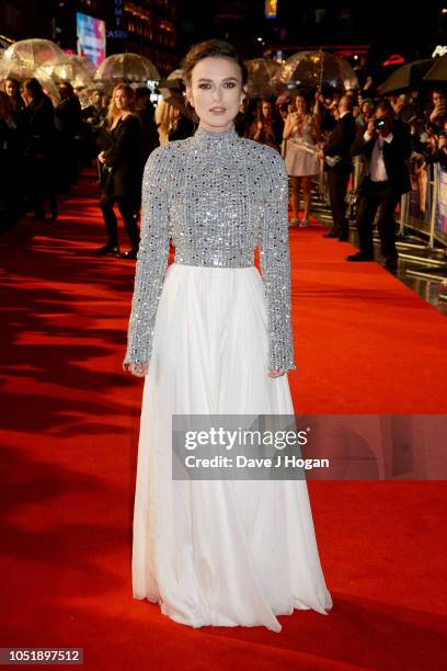 Keira Knightley attends the UK Premiere of "Colette" and BFI Patrons gala during the 62nd BFI London Film Festival on October 11, 2018 in London,...