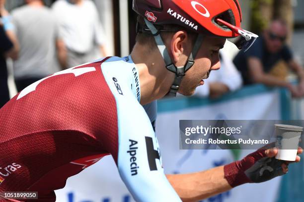 Steff Cras of Team Katusha Alpecin Switzerland holds a glass of coffee as he ride during Stage 3 of the 54th Presidential Cycling Tour of Turkey...