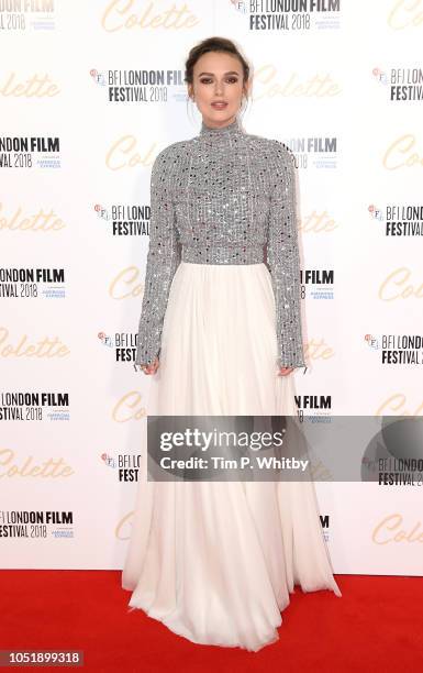 Keira Knightley attends the UK Premiere of "Colette" and BFI Patrons gala during the 62nd BFI London Film Festival on October 11, 2018 in London,...