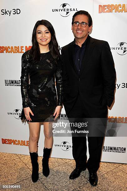 Actress Miranda Cosgrove and actor Steve Carell attend the "Despicable Me" European premiere at Empire Leicester Square on October 11, 2010 in...