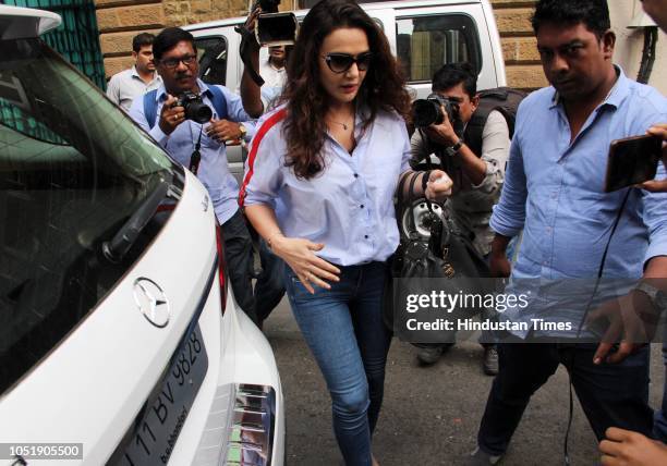 Bollywood actor Preity Zinta arrives for a hearing on the 2014 molestation case against Ness Wadia, at Bombay High Court on October 10, 2018 in...