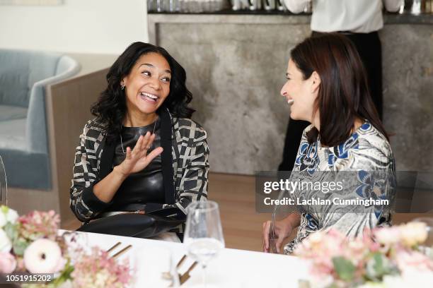 Monique Pean talks with Amy McKnight during a celebration in support of UCSF Benioff Children's Hospital at Freds at Barneys New York on October 9,...