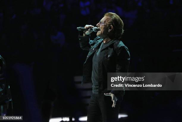 Bono Vox of U2 performs on stage at Mediolanum Forum on October 11, 2018 in Milan, Italy.