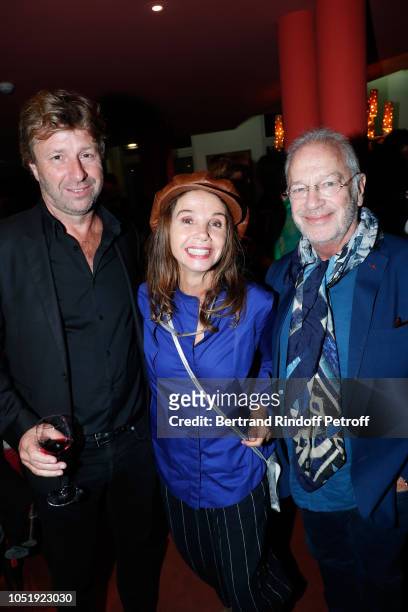 Richard Caillat, Victoria Abril and Bernard Murat attend "Le Banquet" Theater play at Theatre du Rond-Point on October 11, 2018 in Paris, France.