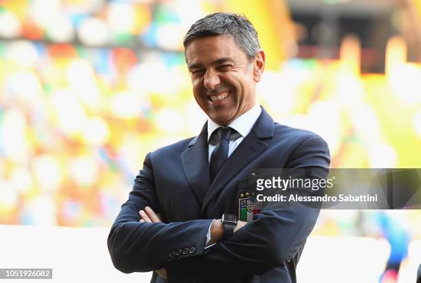 Alessandro Costacurta Commissioner of FIGC looks on before the International Friendly match between Italy U21 and Belgium U21 at Friuli Stadium on...