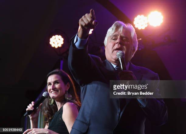 Lydia Fenet and Jay Leno host the auction during the 20th Anniversary Gala to celebrate Hudson River Park at Pier 60 on October 11, 2018 in New York...