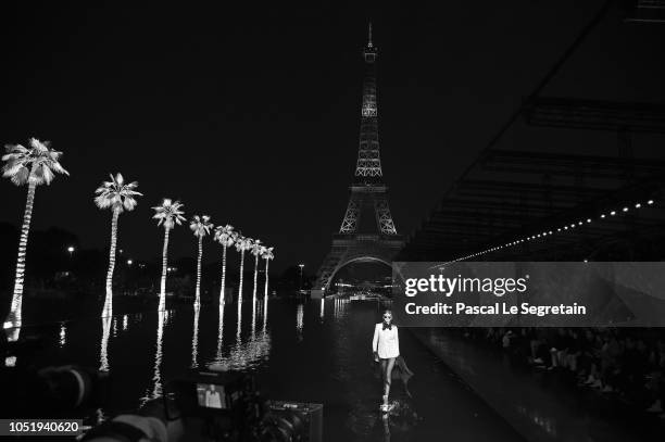 Kaia Gerber walks the runway during the Saint Laurent show as part of the Paris Fashion Week Womenswear Spring/Summer 2019 on September 25, 2018 in...