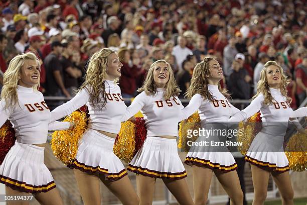 The USC Trojan cheerleaders cheer for their team during their game against the Stanford Cardinal at Stanford Stadium on October 9, 2010 in Palo Alto,...