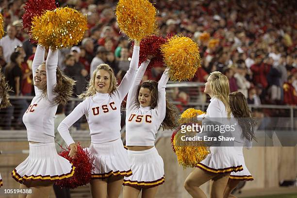 The USC Trojan cheerleaders cheer for their team during their game against the Stanford Cardinal at Stanford Stadium on October 9, 2010 in Palo Alto,...