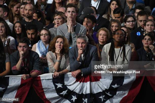 Supporters Democratic presidential nominee former Secretary of State Hillary Clinton wait for results on election night at the Javits Center November...